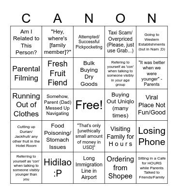 Motherland Canon Events Bingo Card
