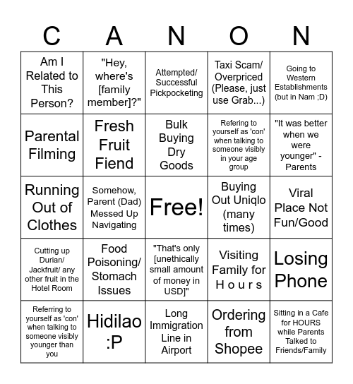 Motherland Canon Events Bingo Card