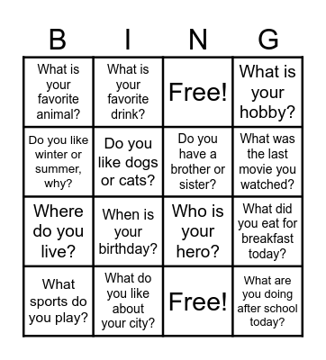 ESL Conversation Bingo Card