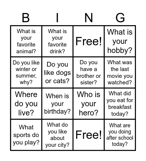 ESL Conversation Bingo Card