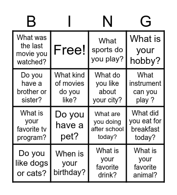 ESL Conversation Bingo Card