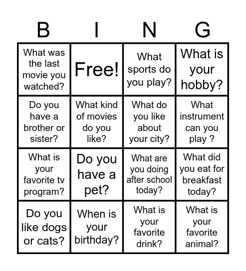 ESL Conversation Bingo Card
