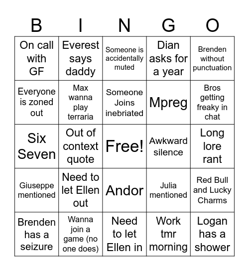 Muggers Chat Bingo Card