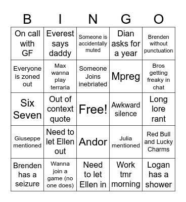 Muggers Chat Bingo Card