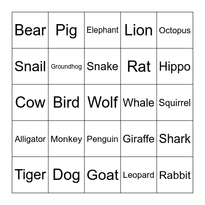 Animals Bingo Card
