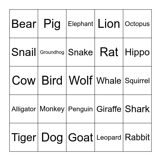 Animals Bingo Card