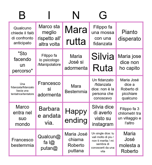Temptation island Bingo Card