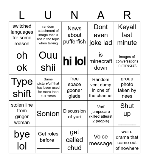 LunarGlade BINGO Card