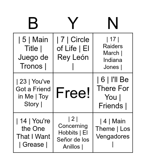 Bingo musical Bingo Card