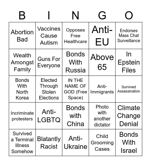 Corrupt Conservative Politician Bingo Card