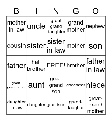 Family Vocabulary Bingo Card