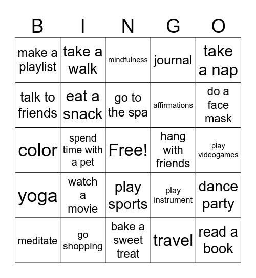 Self - Care Sunday Bingo Card