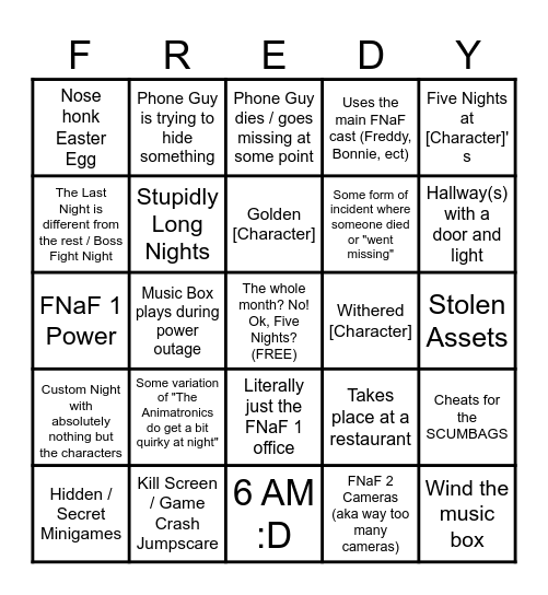 FNaF Fangame Bingo Card