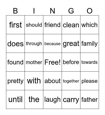 Sight Words Bingo Card