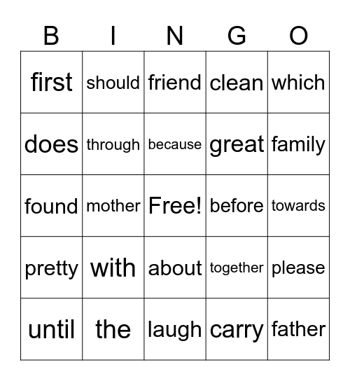 Sight Words Bingo Card
