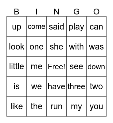 Sight Words Bingo Card