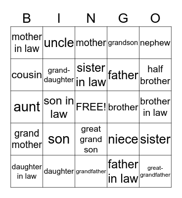 Family Vocabulary Bingo Card