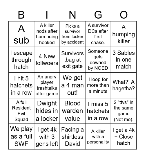 <Sebbes DBD Bingo, July 2026> Bingo Card