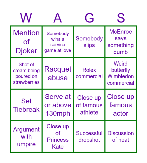 WIMBLEDON Bingo Card