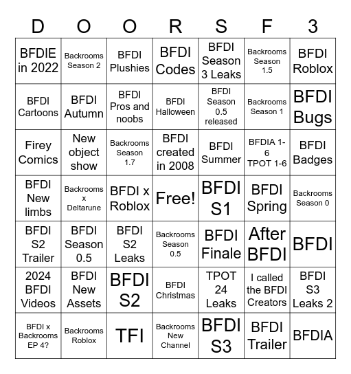 1 new BFDI video Bingo Card