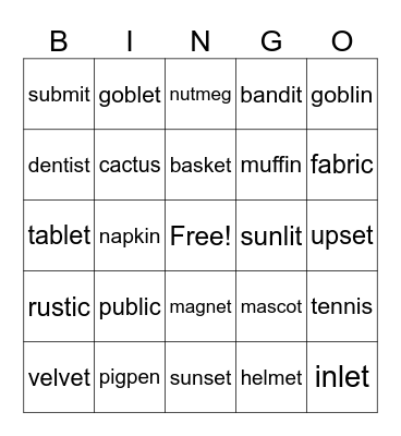 Multi-syllabic Bingo Card