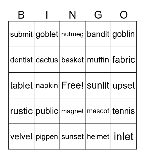 Multi-syllabic Bingo Card