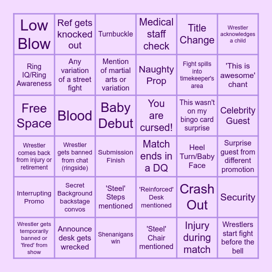 Wrestling Bingo Card