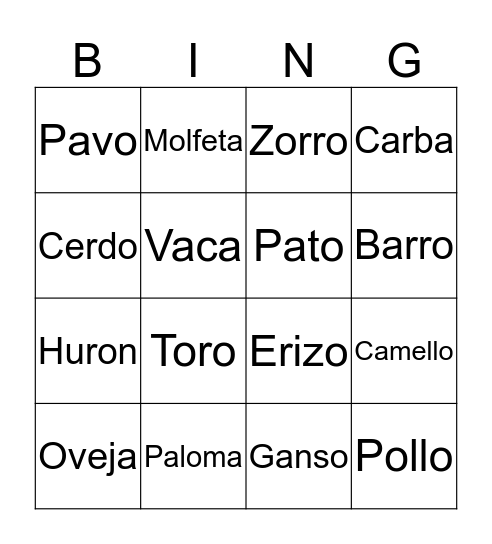 Barn Animals Bingo Card