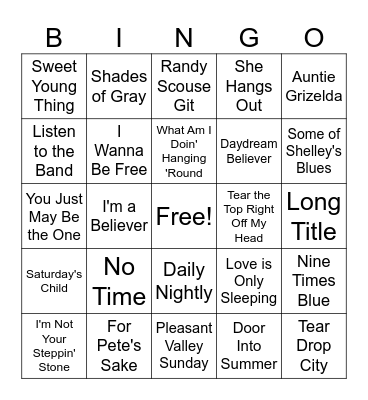 Monkees Songs Bingo Card