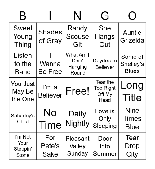 Monkees Songs Bingo Card