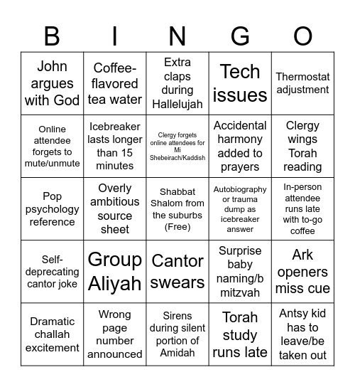 Shabbat Morning Minyan Bingo Card