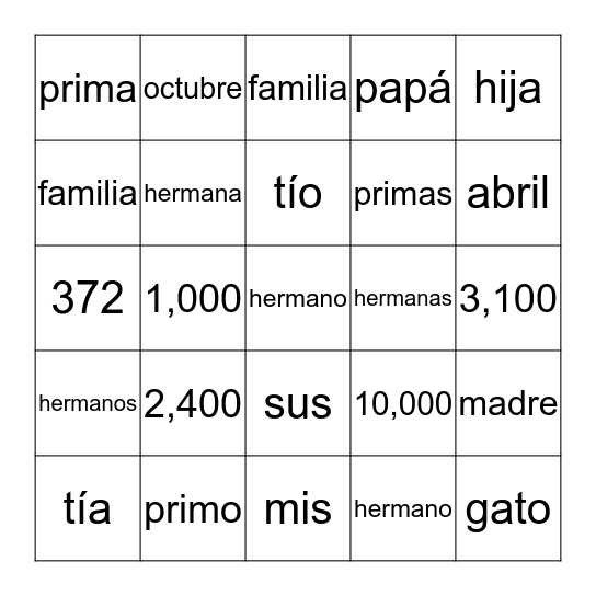 Sp1 La familia  Bingo Card