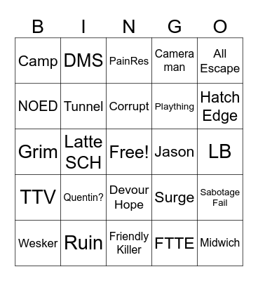 Dead by Buglight Bingo Card