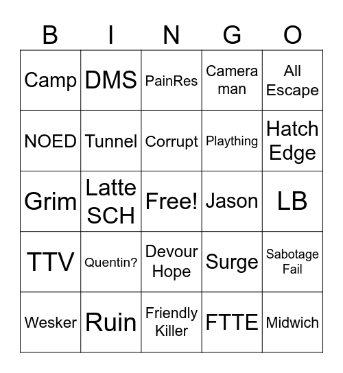 Dead by Buglight Bingo Card