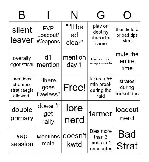 Destiny 2 Lfg Bingo Card