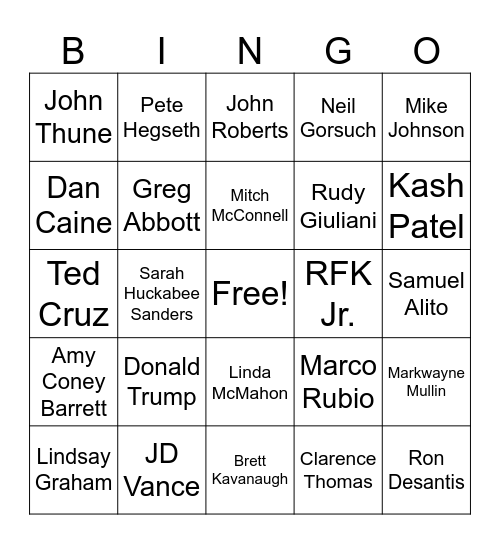 GOP Death Bingo Card