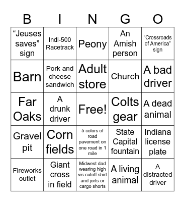 Indiana Bingo Card