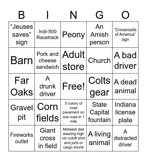 Indiana Bingo Card