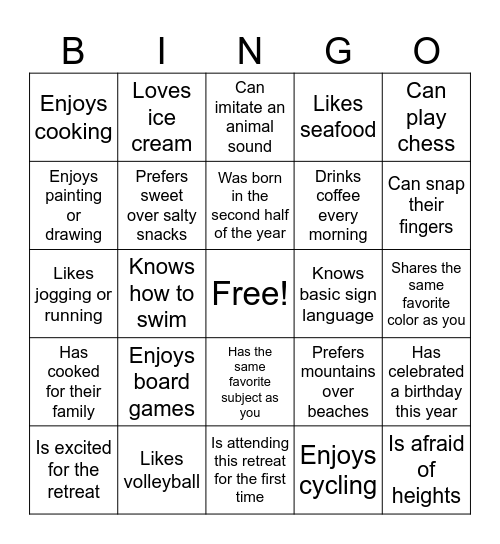 Meet & Match Bingo Card