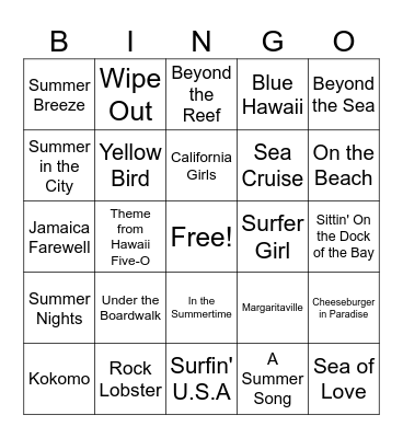 BEACH SONGS Bingo Card