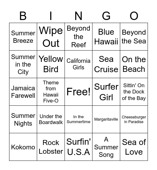 BEACH SONGS Bingo Card