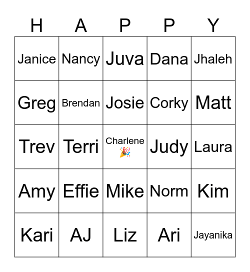 Charlene's Birthday Bingo Card