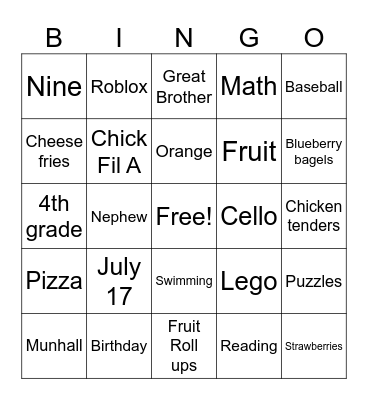 Declan Bingo Card