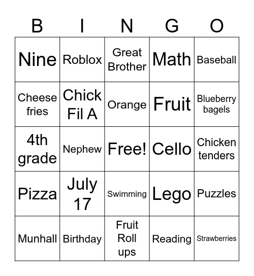 Declan Bingo Card