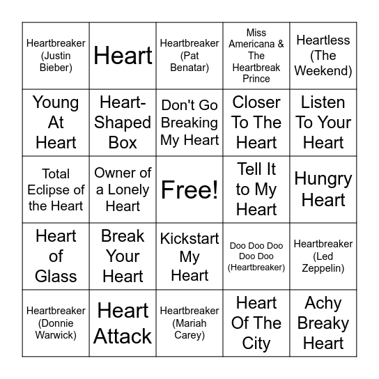 Heart Music Bingo Card