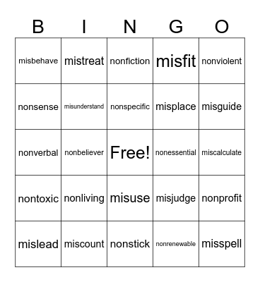 Mis and Non Bingo Card