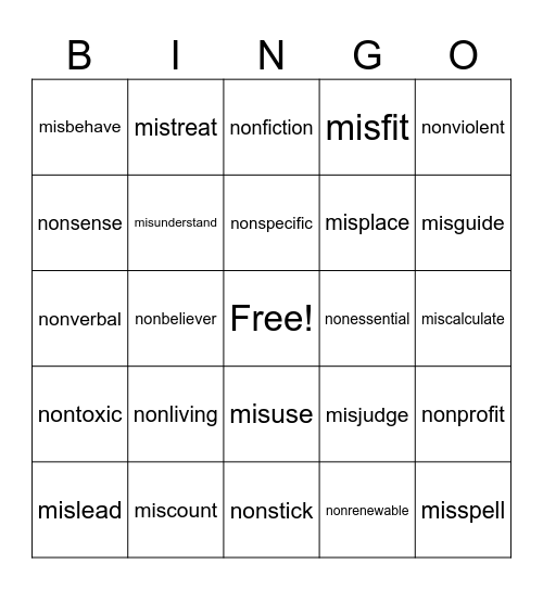 Mis and Non Bingo Card