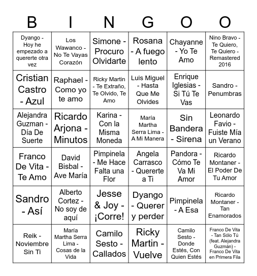 Bingo Musical Bingo Card