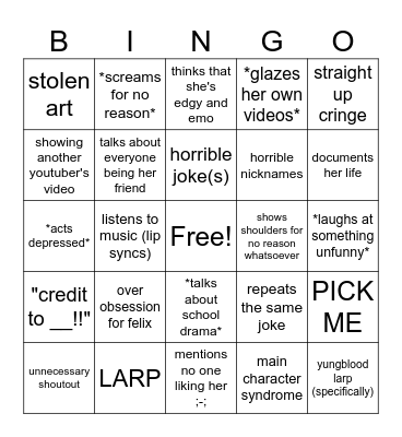 Emma Cringe Bingo Card