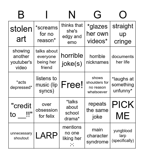 Emma Cringe Bingo Card